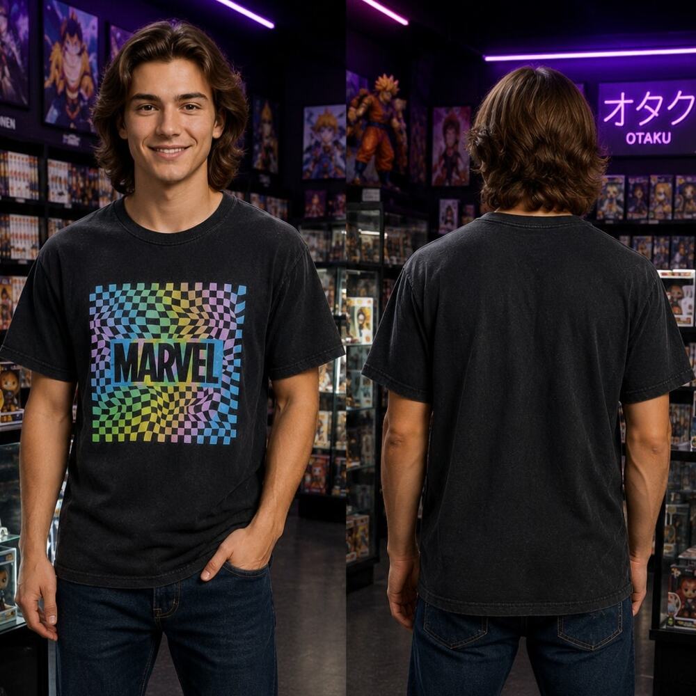 Marvel Logo Pastel Rainbow Checkerboard T-Shirt Boys XL 36 Chest Graphic Tee